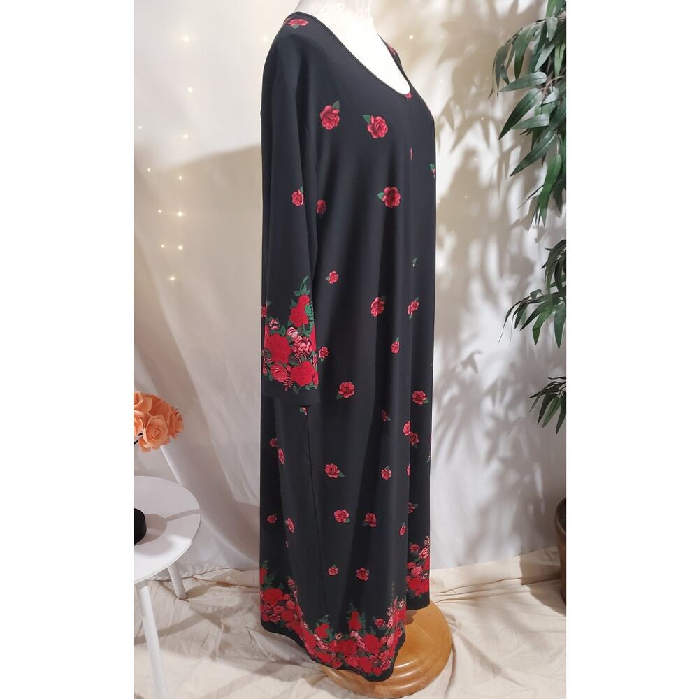 Ulla Popken Floral Rose Scoop Neck 3/4 Sleeve Maxi Dress Size 28/30 Black Red - Picture 4 of 10